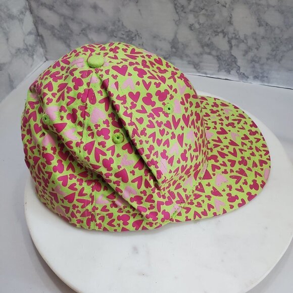 DISNEY Parks‎ Baseball Cap Green Pink Hearts Mickey Mouse Adult Size Stretch Fit - Picture 6 of 8